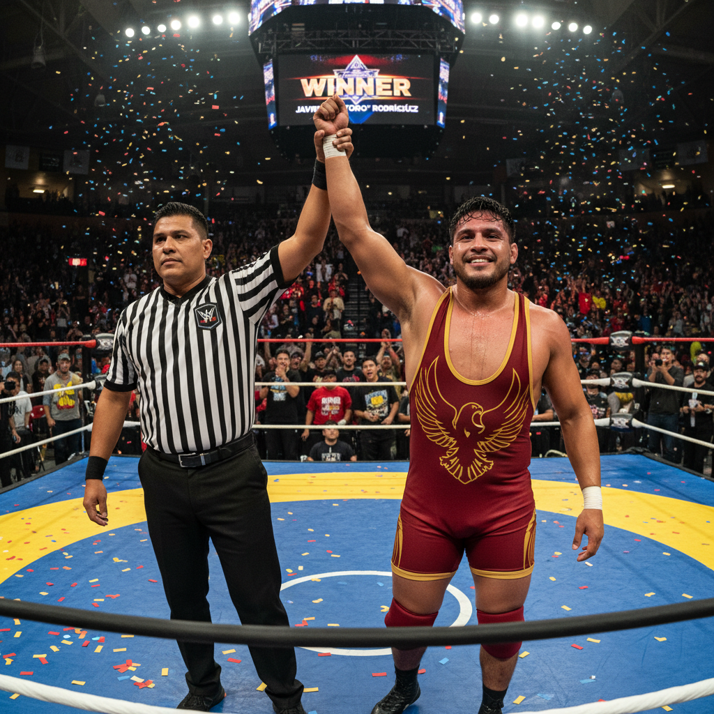Referee raising wrestler's hand in victory on competition mat