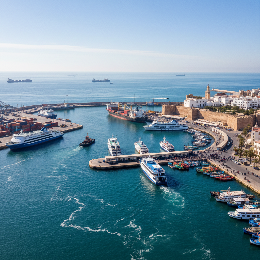 Kasba Tangeru z widokiem na port i morze