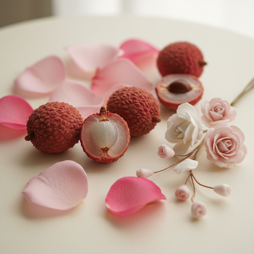 Fresh pink rose petals scattered on ivory surface with lychee fruits and delicate sugar flowers
