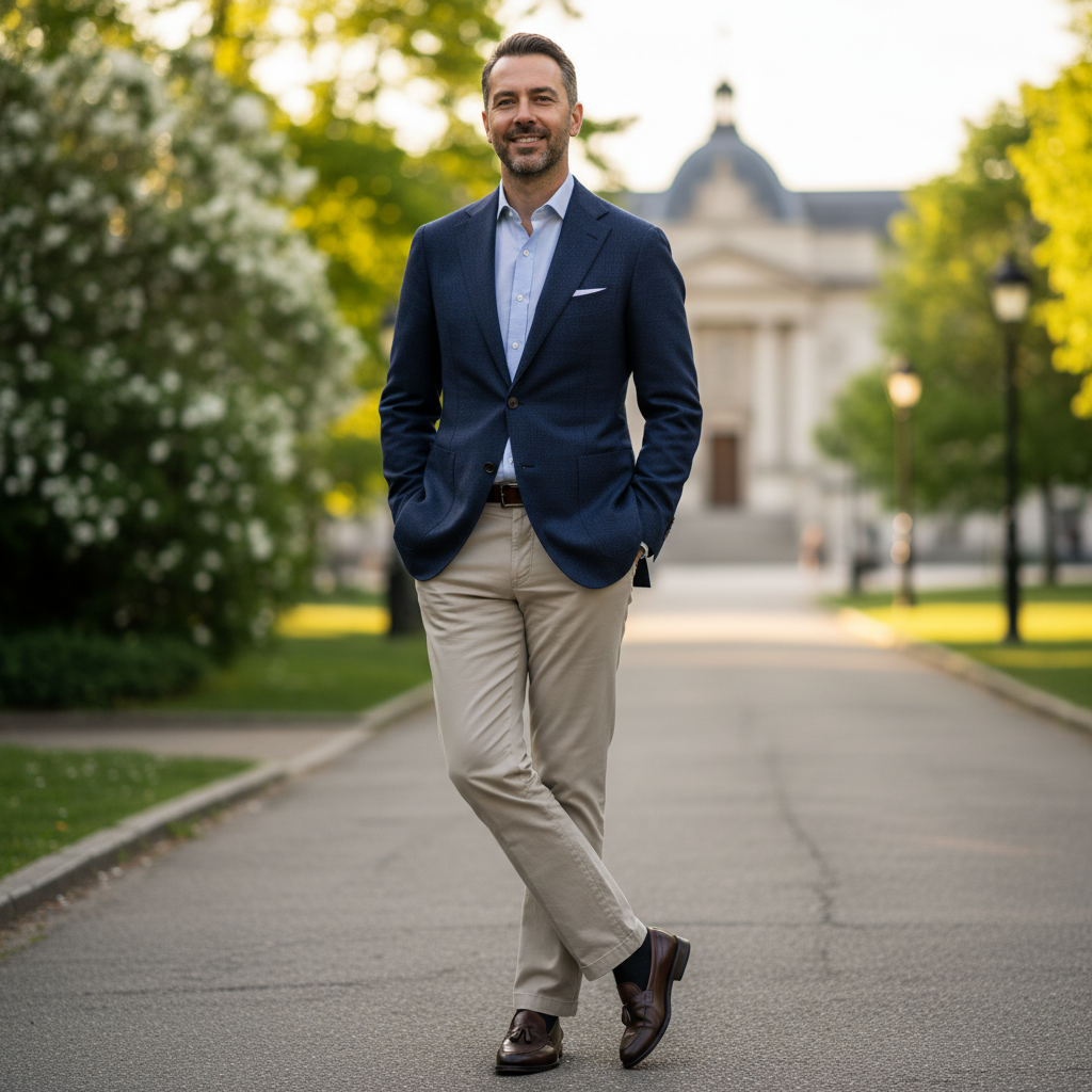 Men fashion portrait — well-dressed man in tailored neutral blazer outdoors, warm afternoon light, sophisticated casual atmosphere