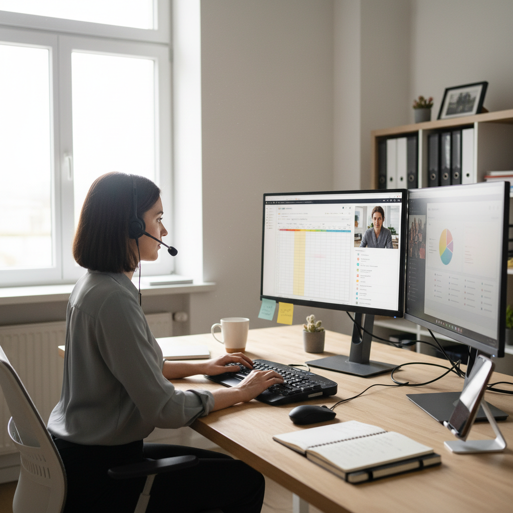 VA working efficiently at a dual-monitor setup with organized workspace