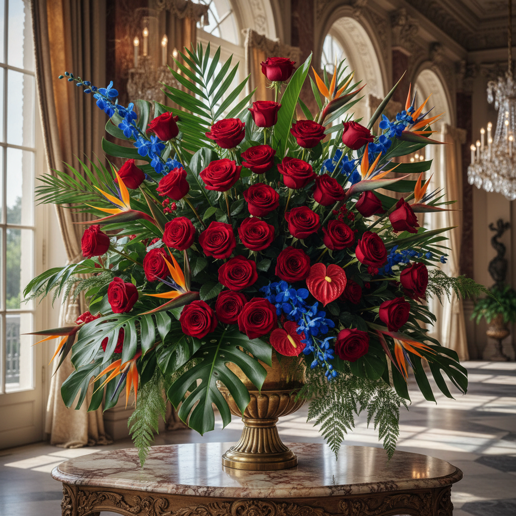Luxurious anniversary bouquet with red roses, peonies and premium greenery