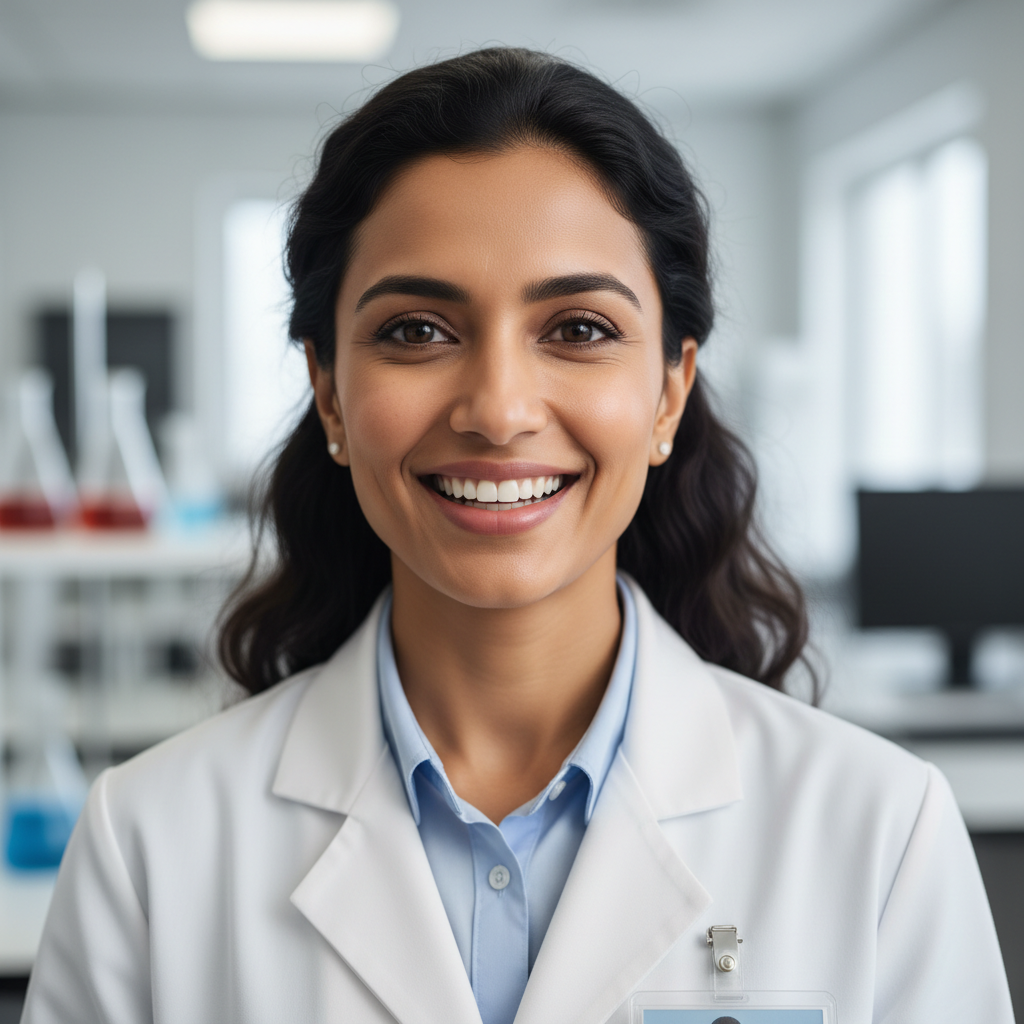 Priya Mehta, South Asian woman in her 30s, smiling confidently in a bright classroom environment