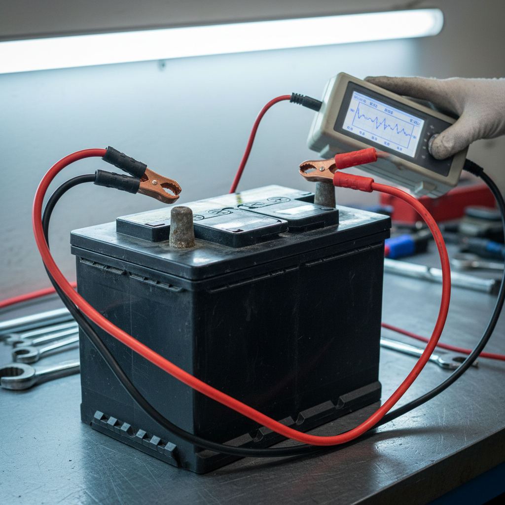 Car battery being tested with diagnostic tool in auto shop