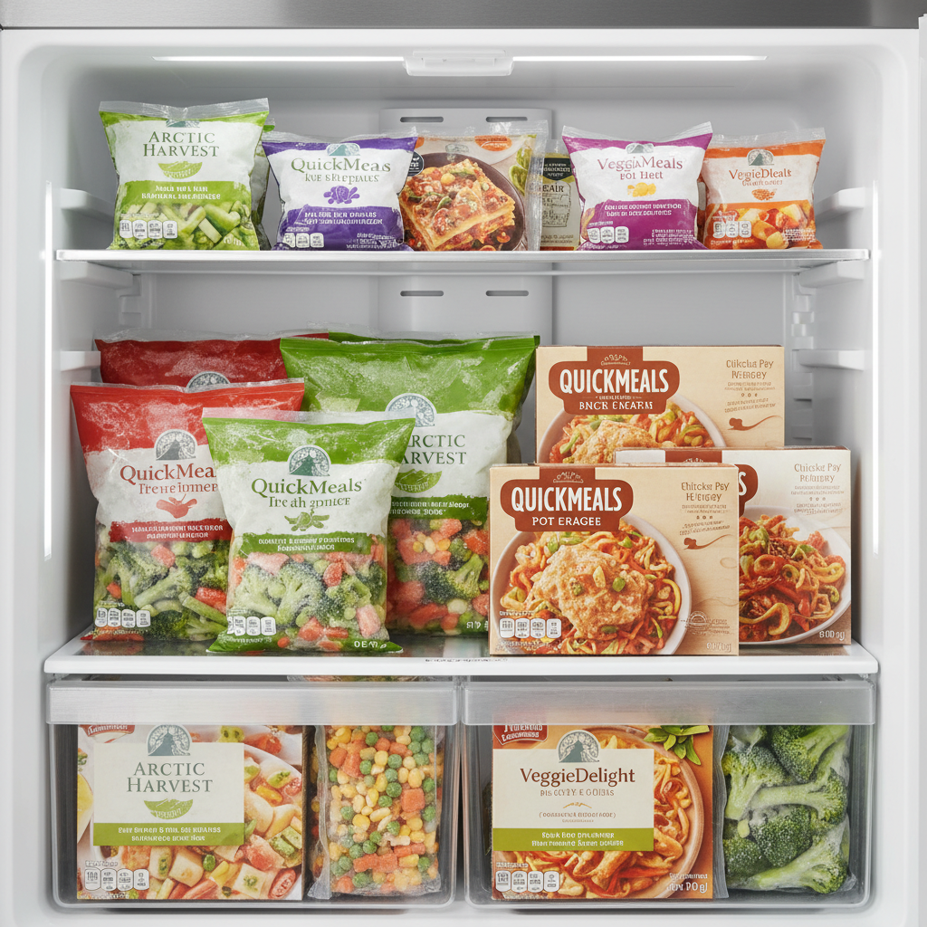 Assorted frozen food products in professional cold storage display, blue-toned freezer environment, commercial packaging