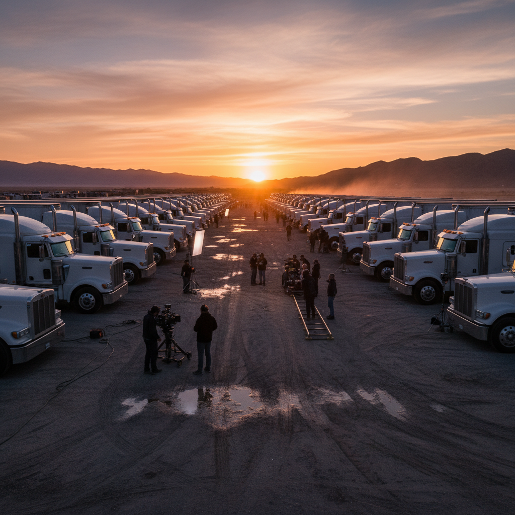 Showreel thumbnail showing truck fleet at sunset with production crew filming