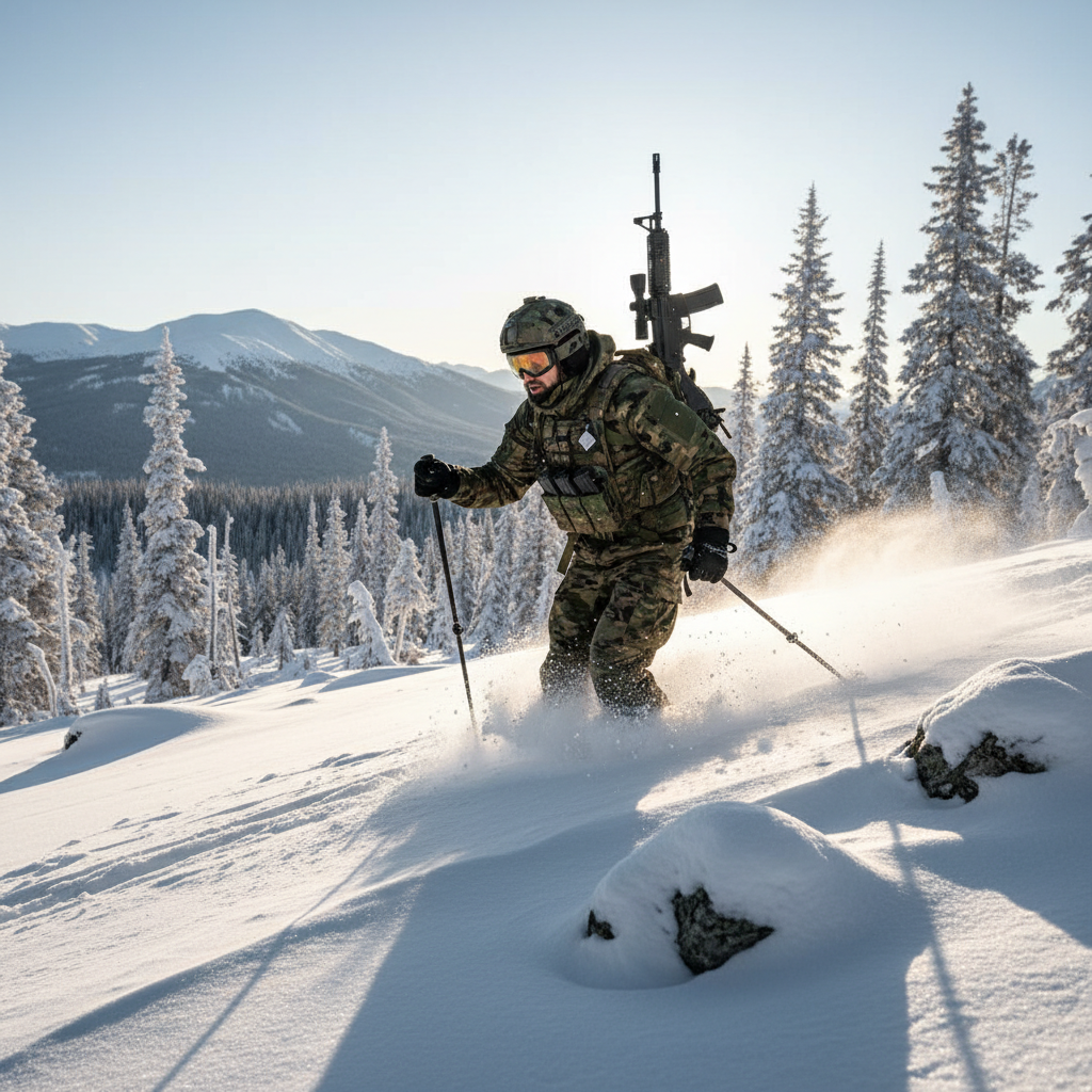 Male athlete in military-style kit skiing uphill in backcountry terrain, rifle visible on back, trees in background