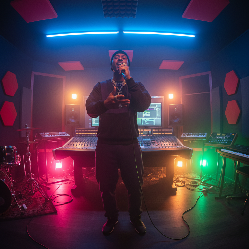 Male urban music artist in dark studio setting with moody lighting, microphone, authentic street vibe