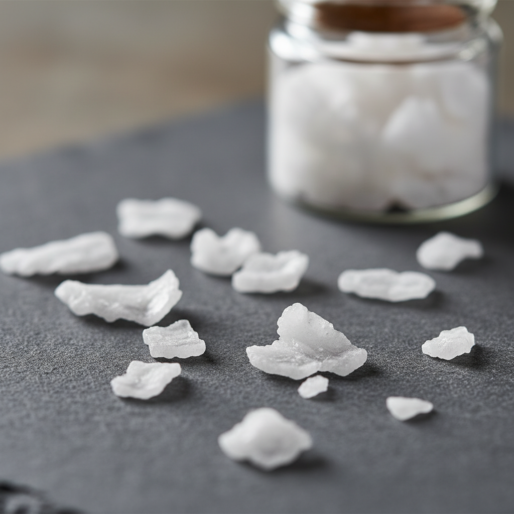White flake sea salt crystals scattered on dark slate with small jar in background
