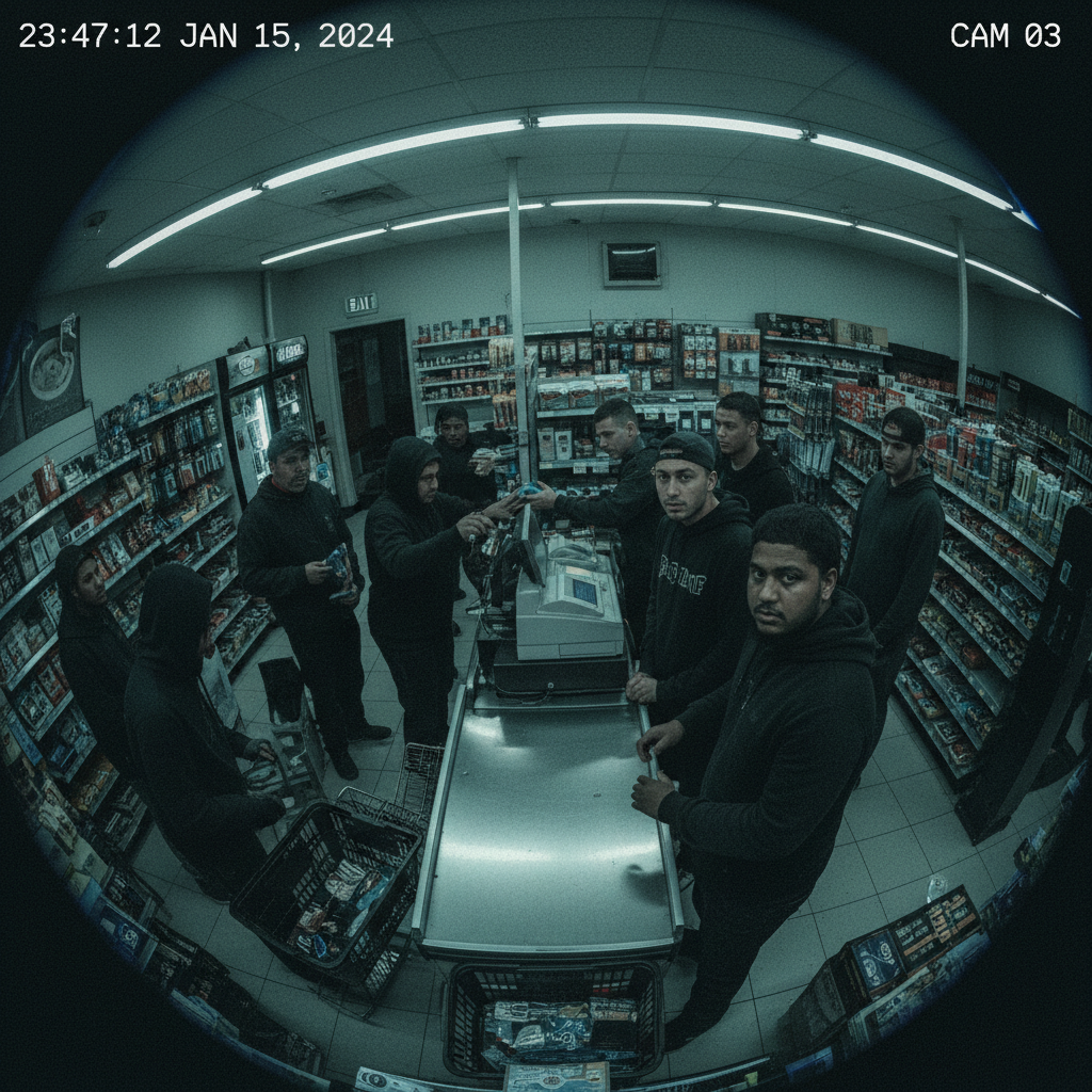 Security camera footage of a convenience store interior at night