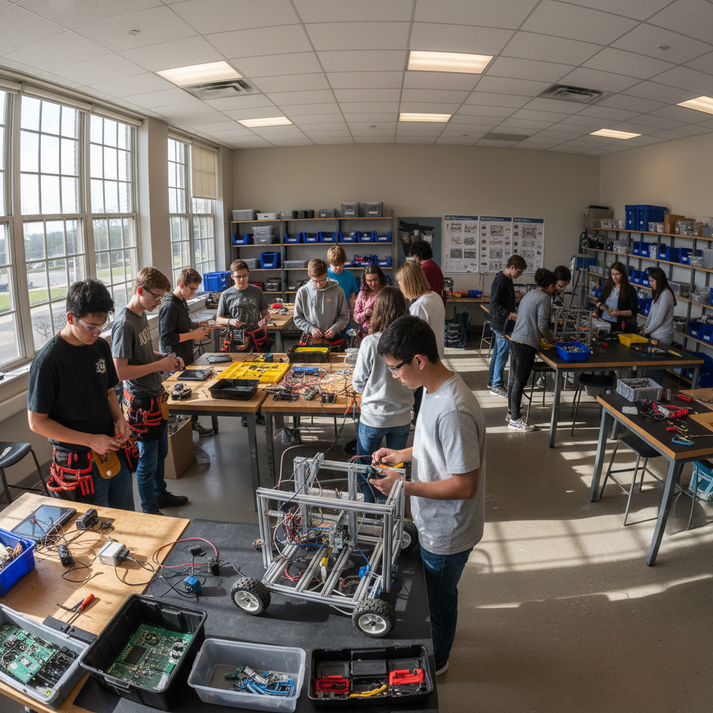 High school students working on a robotics project in a STEM classroom with computers and equipment