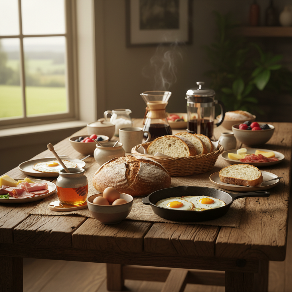 Rustic farm table with artisan breakfast spread — sourdough, eggs, honey and coffee at Wander Devon