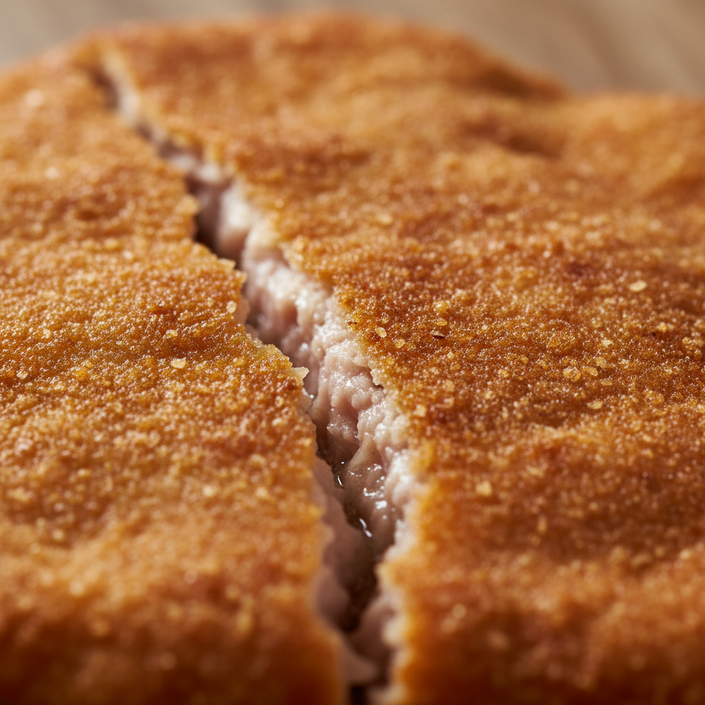 Extreme close-up of golden-brown schnitzel crust with a glossy crack revealing tender meat inside