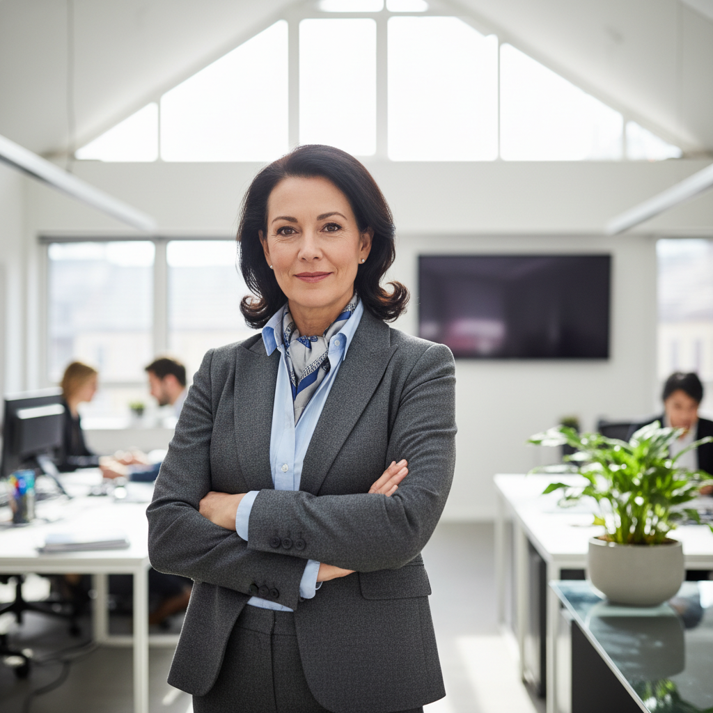 Professional male operations manager smiling, bright office environment