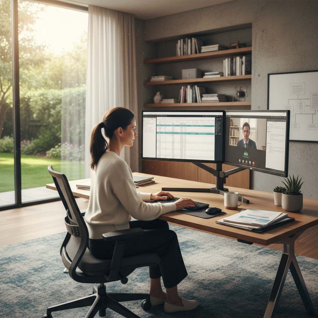 Professional woman at desk on phone, bright modern home office environment, organized workspace, natural window light
