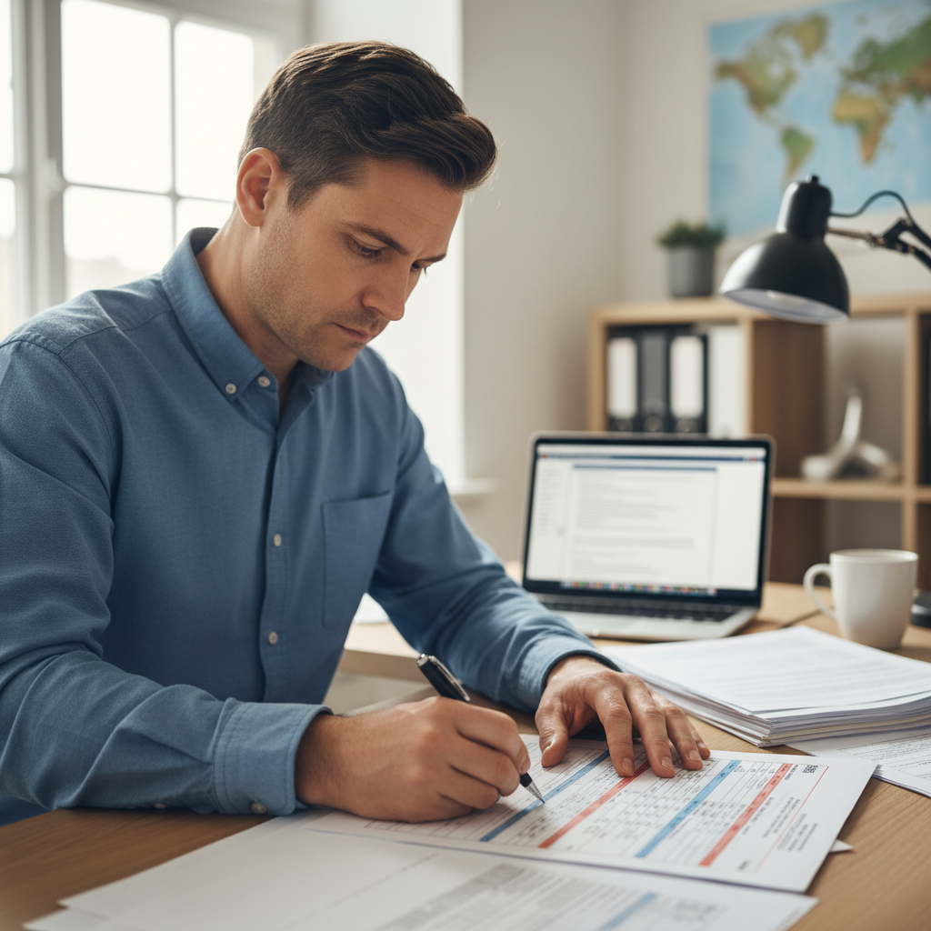 Jurist liest Gesetzbuch mit Waage der Gerechtigkeit