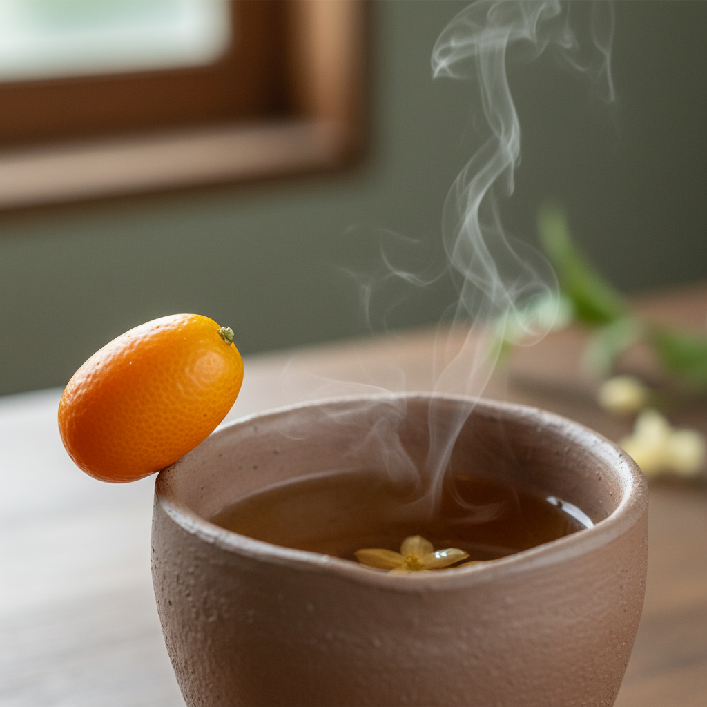 A single kumquat balanced on the rim of a clay cup filled with jasmine tea