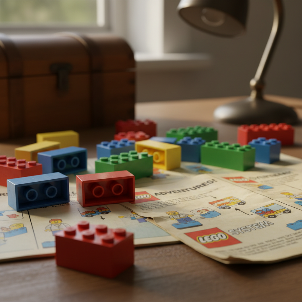 Close-up of vintage LEGO bricks and instruction booklet pages, analog warmth