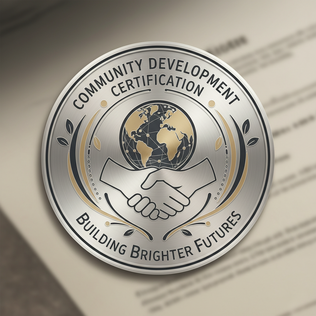 Community development certification with hands holding globe symbol
