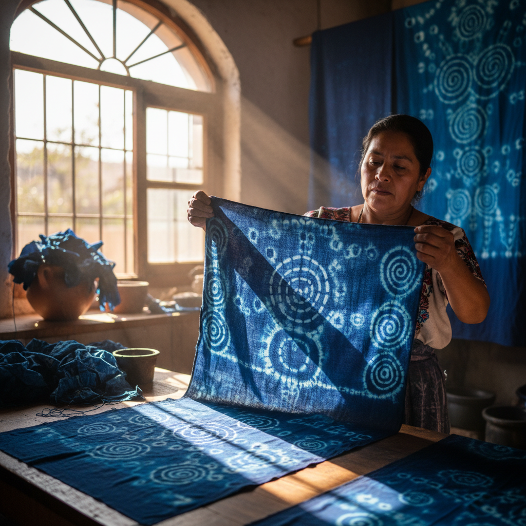 Mexican artisan working with indigo-dyed fabric in a family workshop