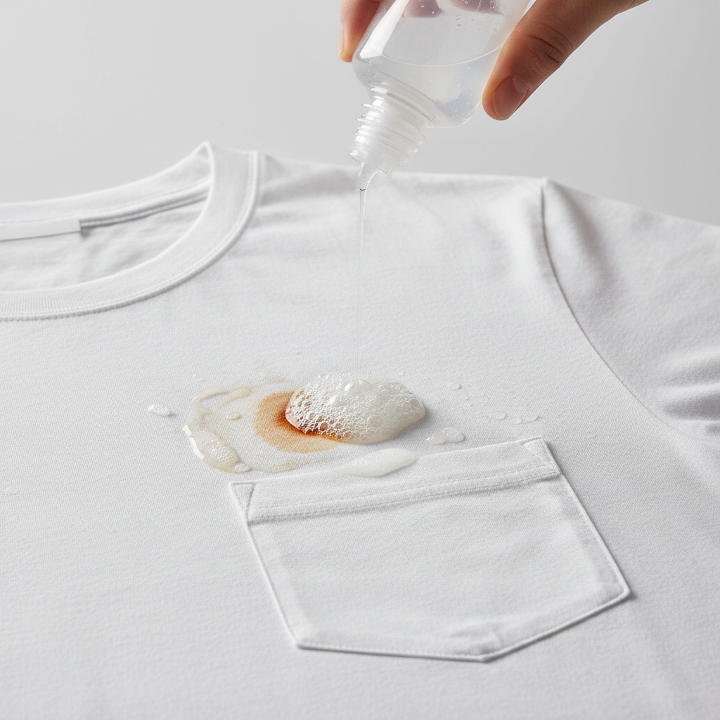 White shirt being treated with stain removal solution on a clean surface