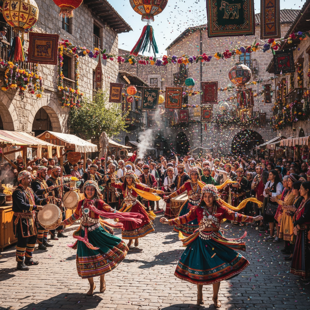 Danzantes con trajes coloridos en el desfile del Carnaval de Cajamarca con confeti
