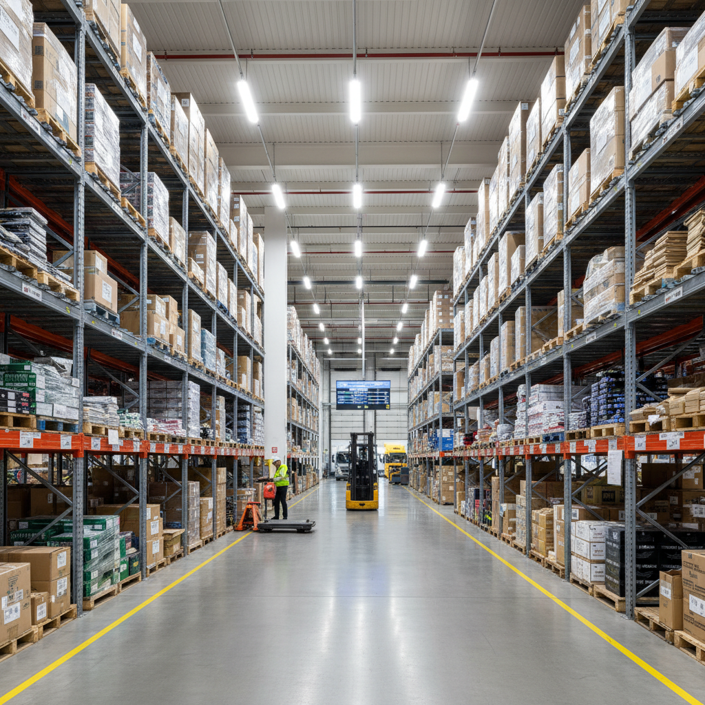 Warehouse interior with organized shelving and logistics operations, well-lit facility