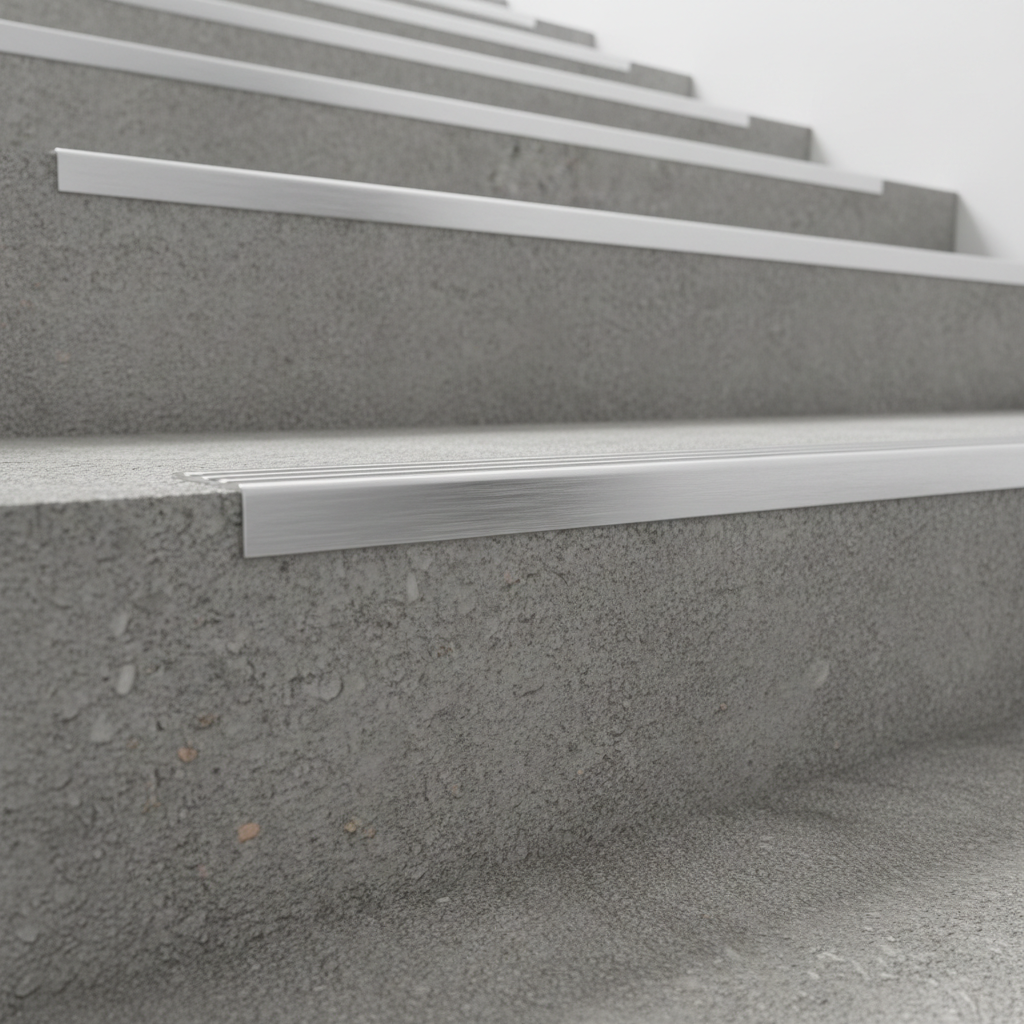 Aluminium stair nosing profile installed on concrete stair edge