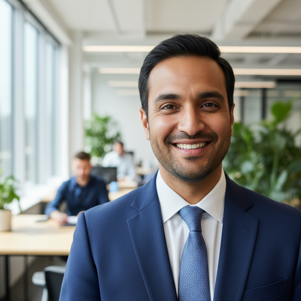 Portrait of an Indian man in business attire, professional headshot in a modern office