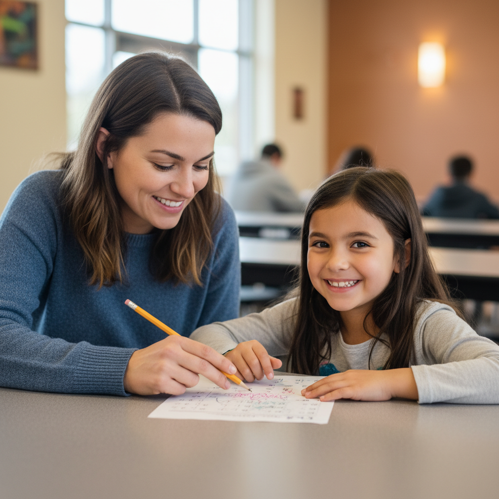A volunteer tutor sitting beside a young girl at a cafeteria table, pointing at a math worksheet together, both smiling