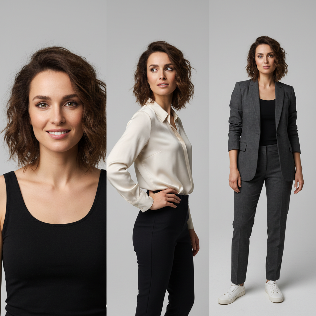 Professional model digitals showing head, three-quarter and full-length frames