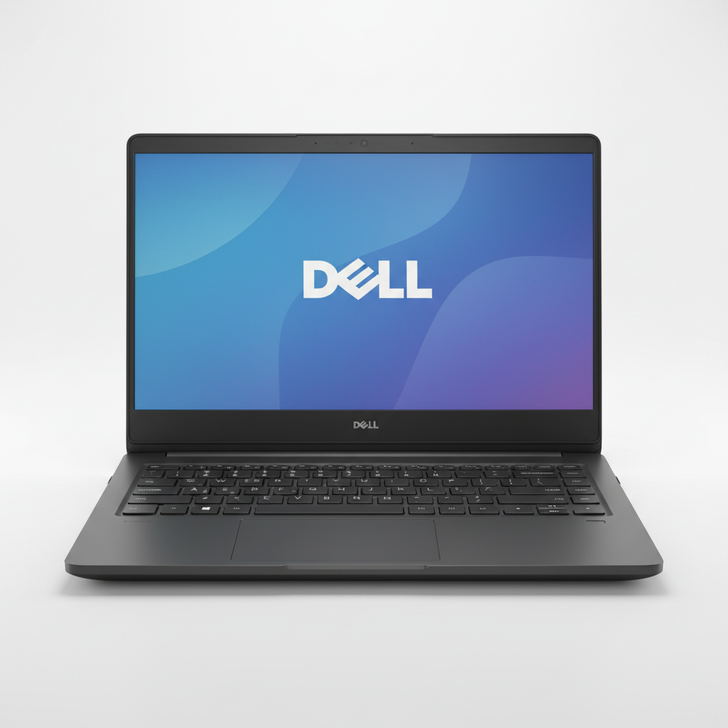 Dell laptop on clean desk, bright well-lit environment, white background