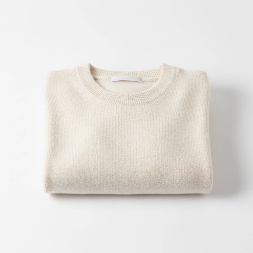 Dark navy crewneck sweatshirt folded neatly, dark moody studio with side lighting