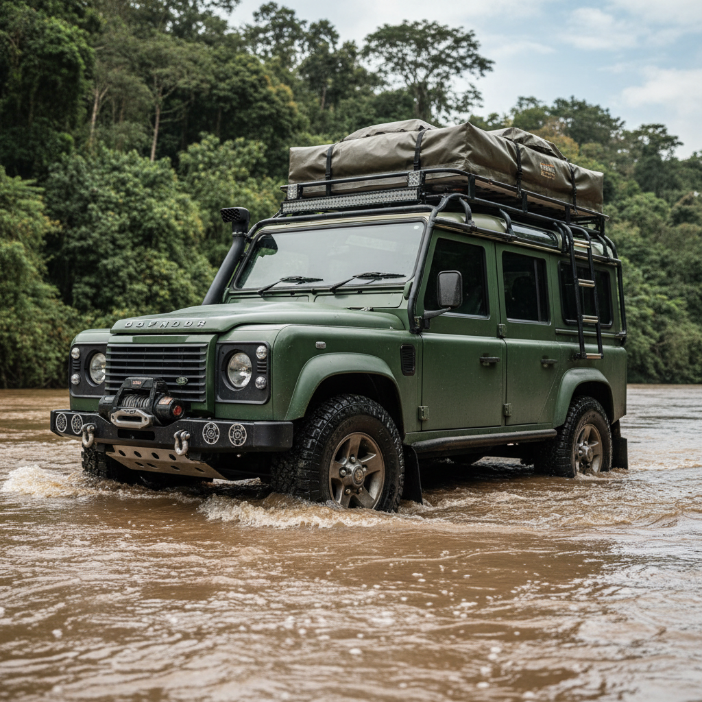 Land Rover Defender wading sensor kissing brown river water, expedition build with snorkel and roof tent visible, forensic detail shot