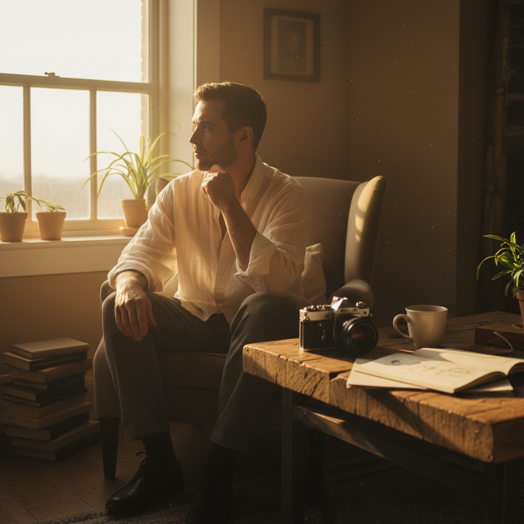 Photographer sitting by a window with camera on the table untouched, warm afternoon light, contemplative mood