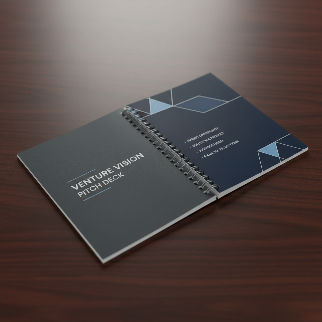 Perfectly bound spiral pitch deck printed on premium silk matte paper, held open on a dark desk
