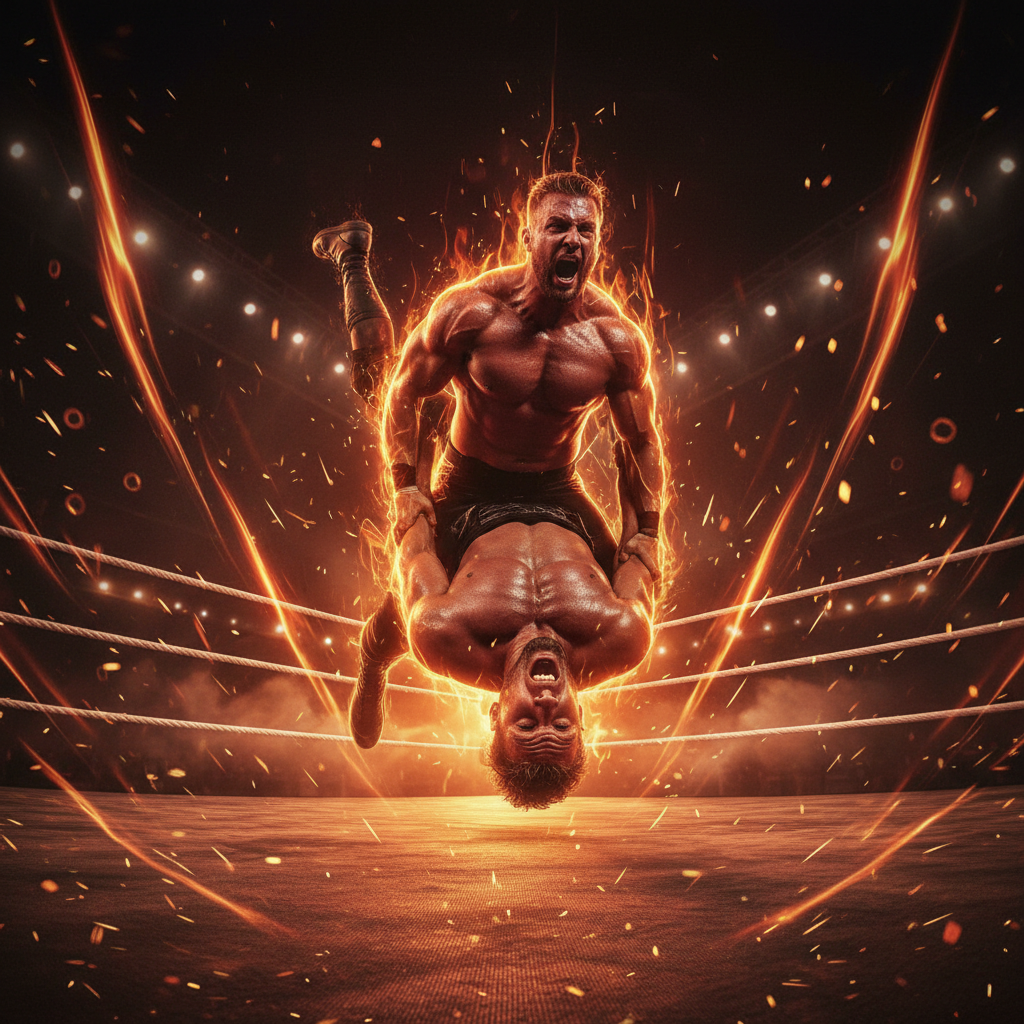 Wrestler mid-suplex frozen at apex of throw, shot from mat level with molten orange rim lighting
