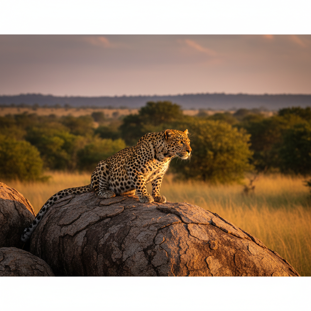 Wild leopard resting on rock in Yala National Park Sri Lanka, golden hour light, dry savanna landscape