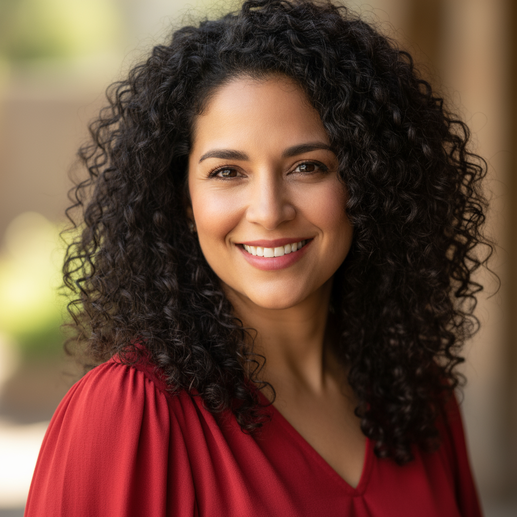 Hispanic woman with curly dark hair in red blouse smiling warmly in creative workspace