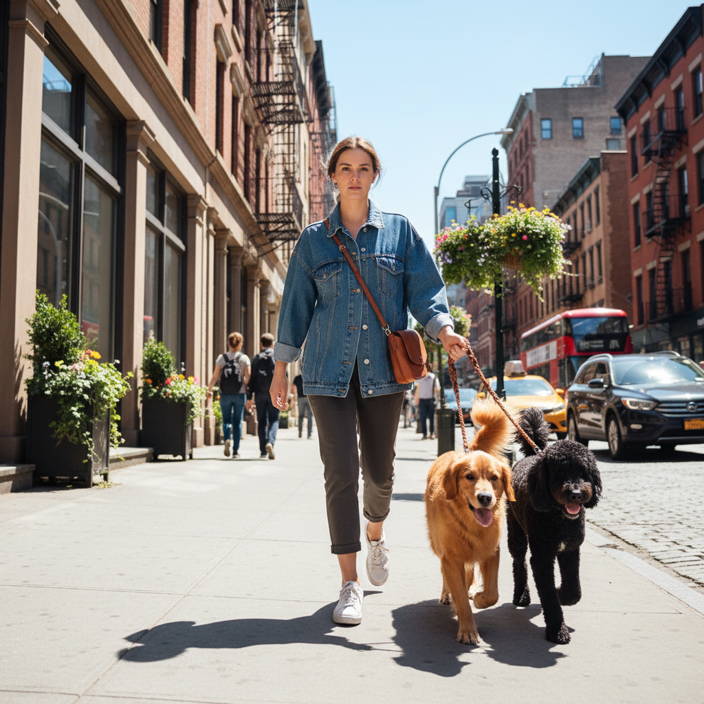 Person walking two dogs on a sunny neighborhood street