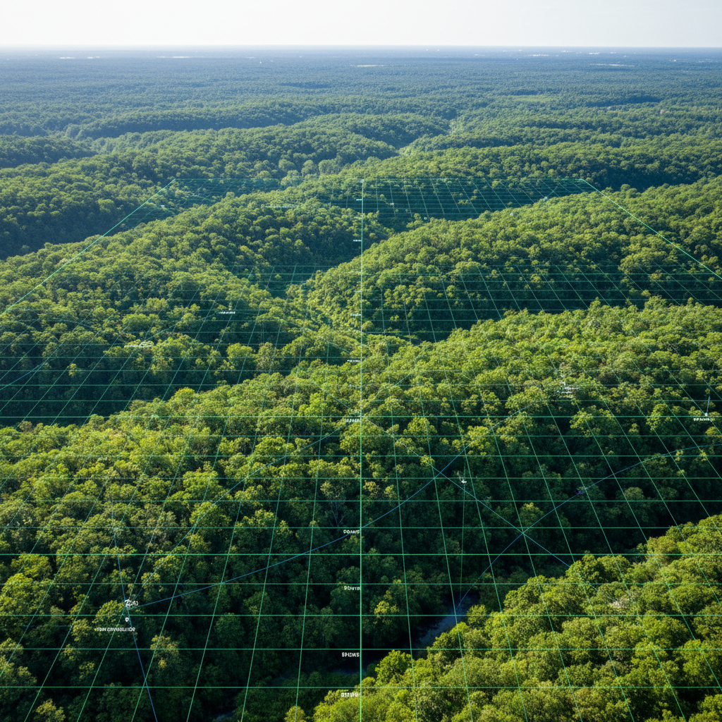 Earth surface vegetation analysis from satellite, lush green terrain with data overlay grid, well-lit aerial view