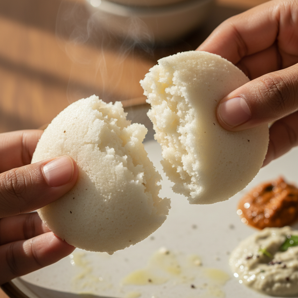 Hands tearing soft idli apart, revealing the cloud-white interior