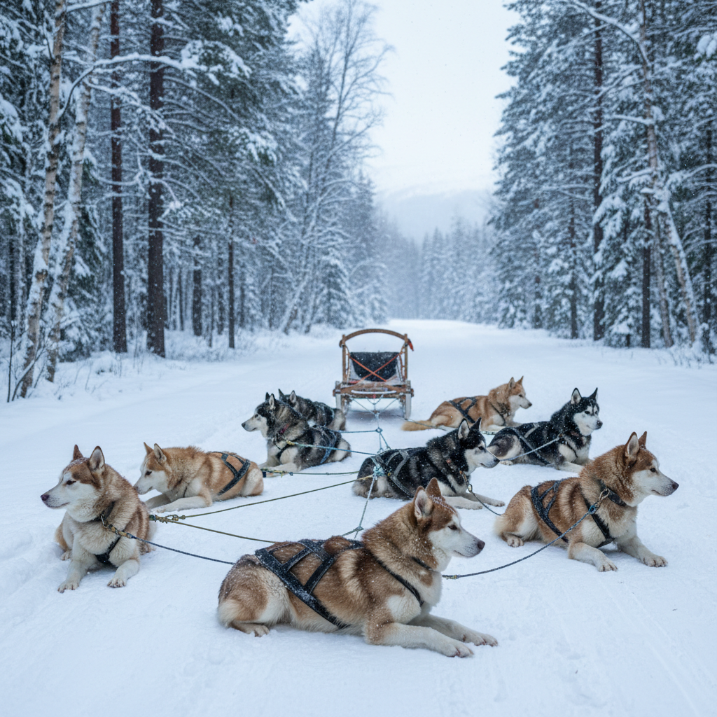 Sled dog team resting on a snowy trail surrounded by pine trees