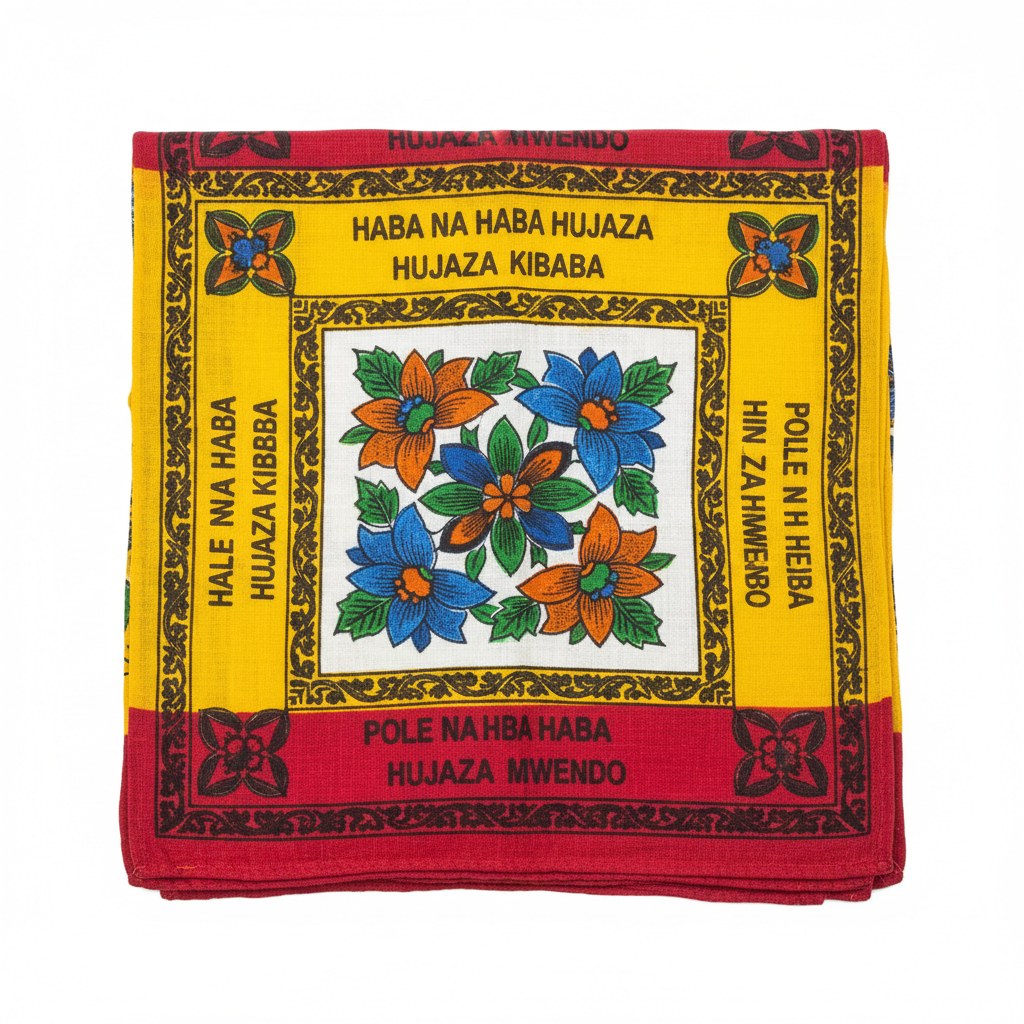 Bright East African Kanga wrap with red, yellow and blue floral border pattern on white cotton, draped loosely in sunlight