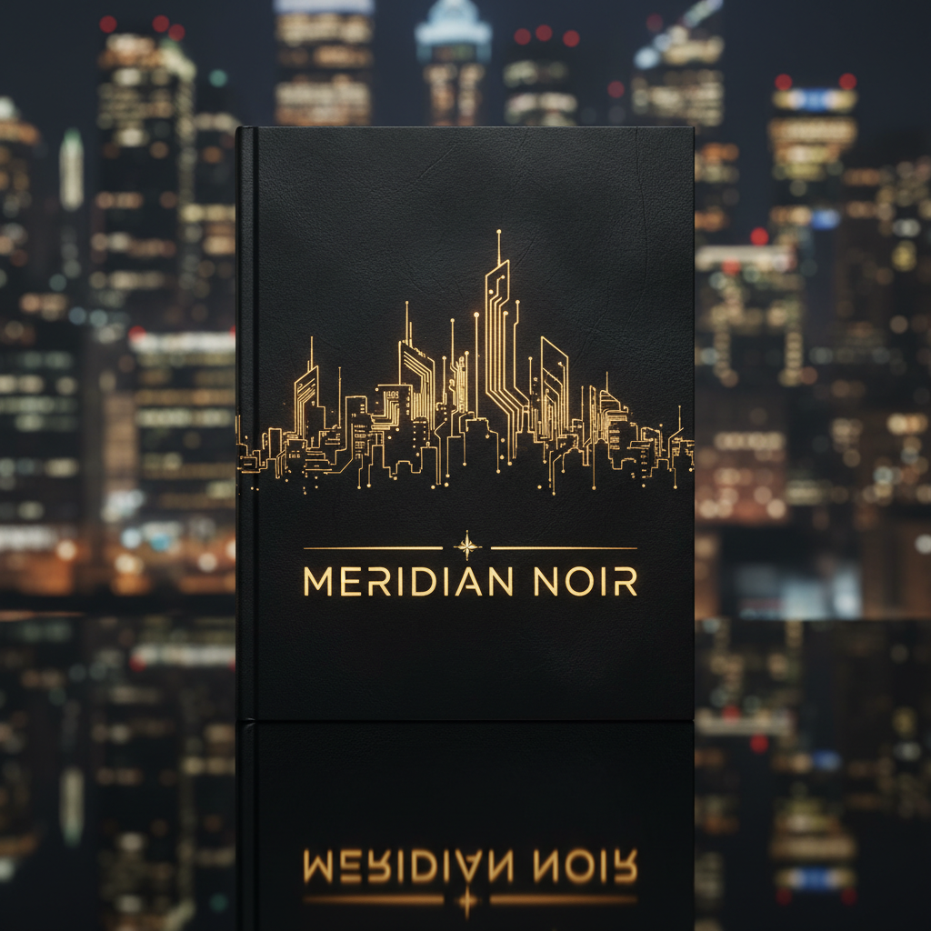 Dark moody book cover with urban cityscape silhouette against deep amber sky, noir atmospheric lighting