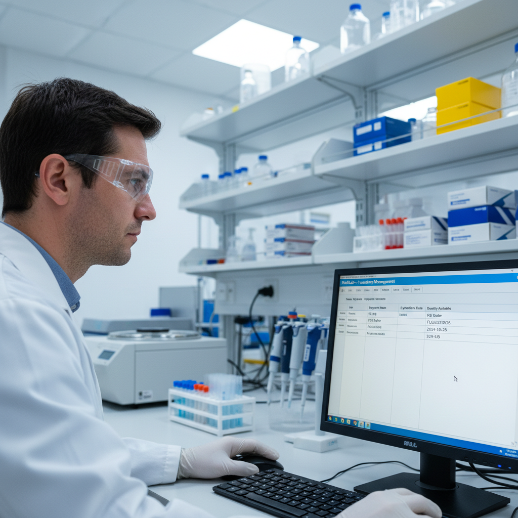 Laboratory technician accessioning biopsy specimen, logging into laboratory information system