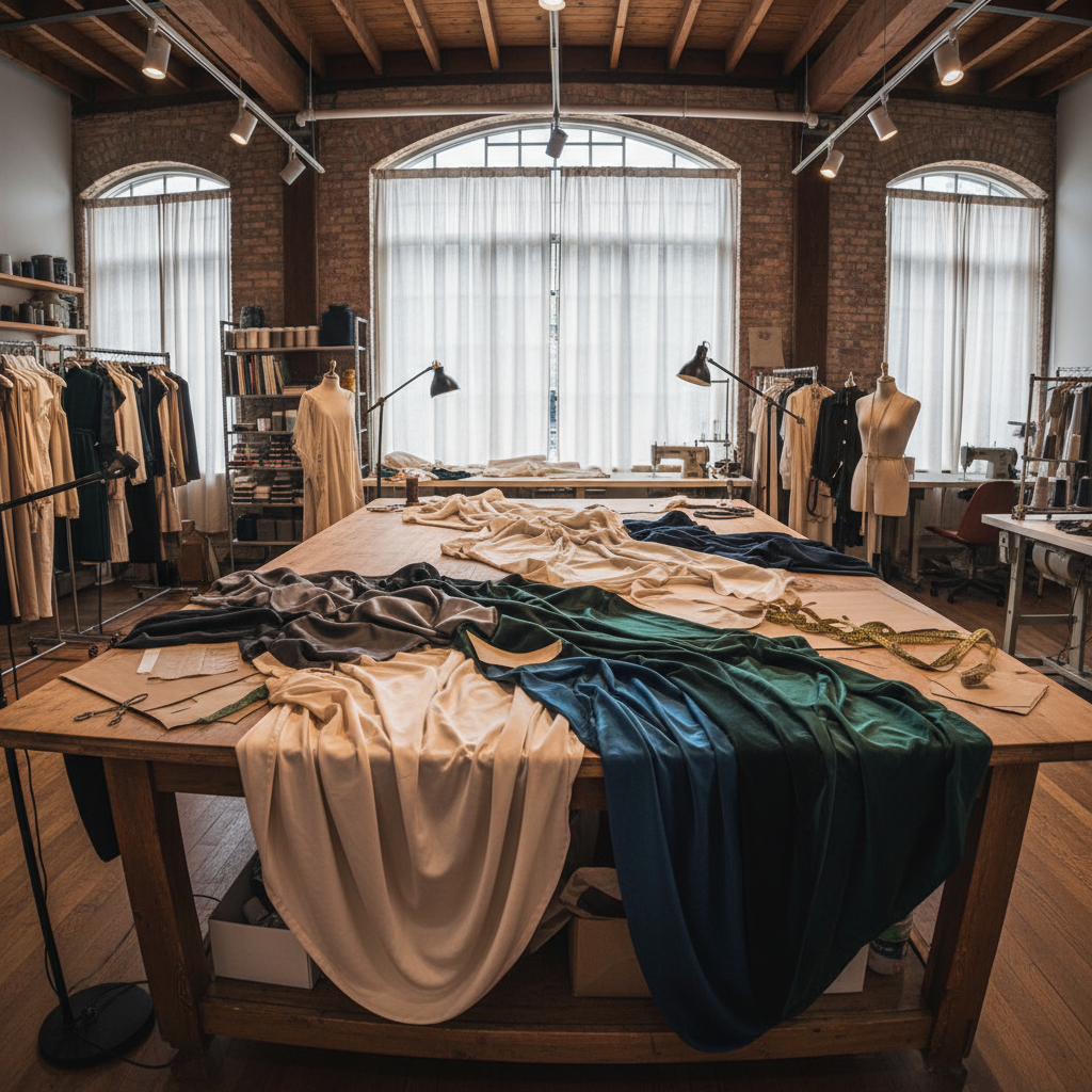 Fashion atelier interior with sewing machines and fabric rolls, warm studio lighting, clean industrial workspace, professional garment production environment