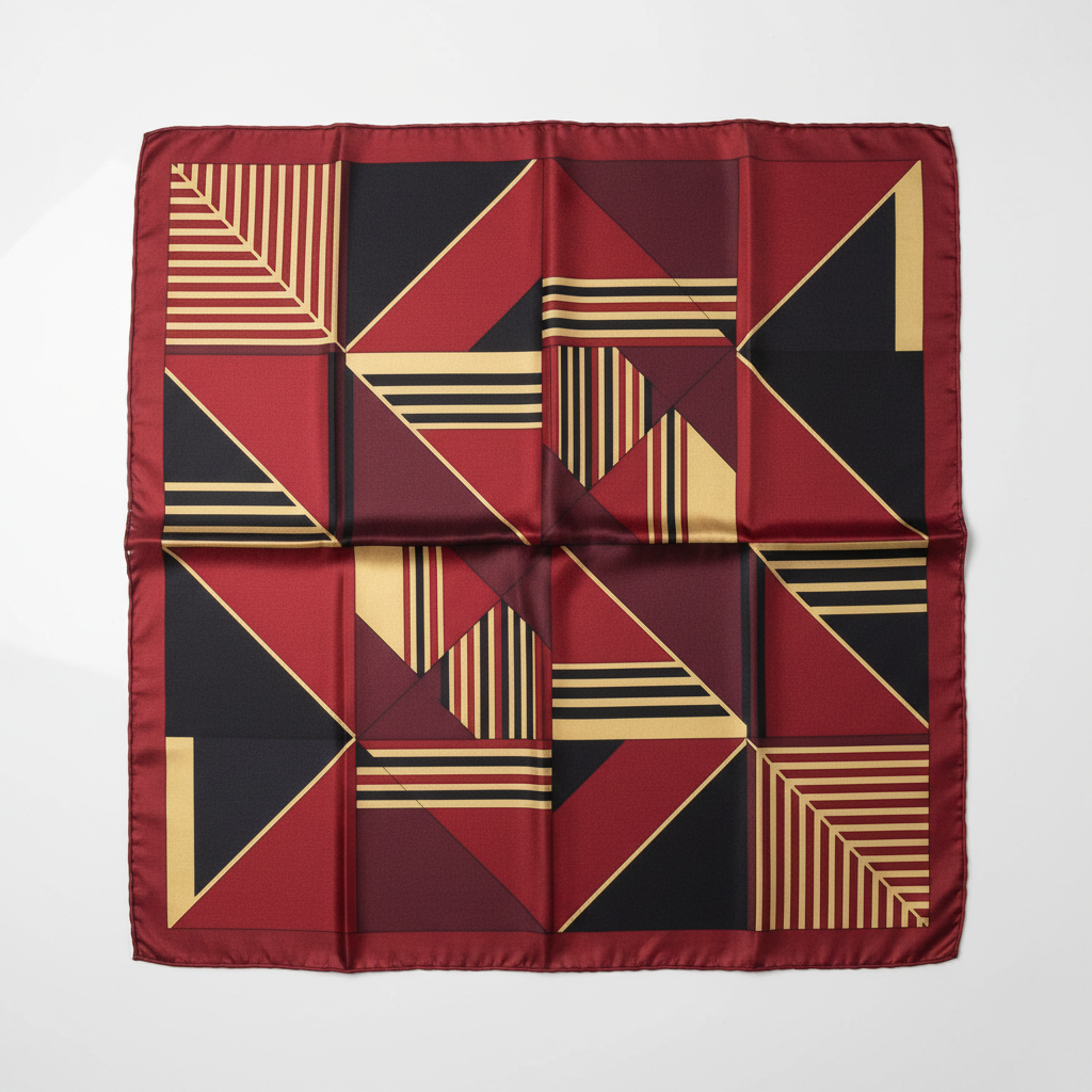 Luxurious silk scarf with geometric pattern in gold and navy colors