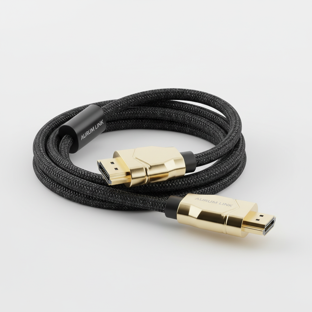 Braided black XLR cable coiled on white surface with gold-plated connectors visible