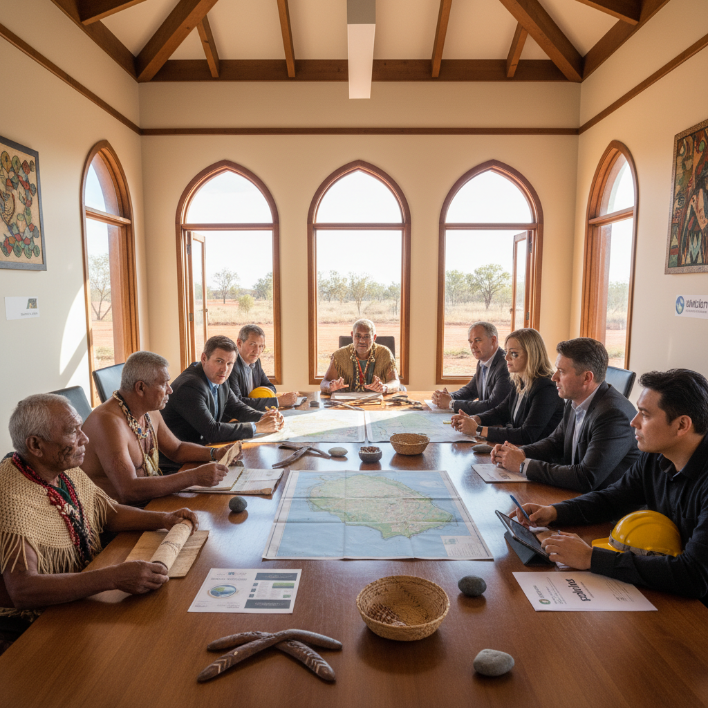 Community engagement meeting with Indigenous land custodians and mining company representatives